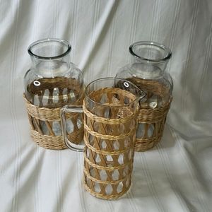 NWT 2 Rattan Glass Center Vases and 1 matching wicker wrapped glass pitcher